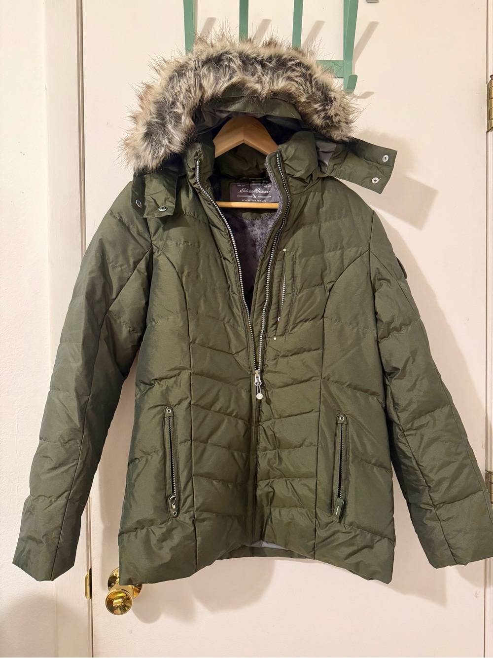 Eddie Bauer Olive Green Quilted Puffer Jacket with Faux Fur Hood